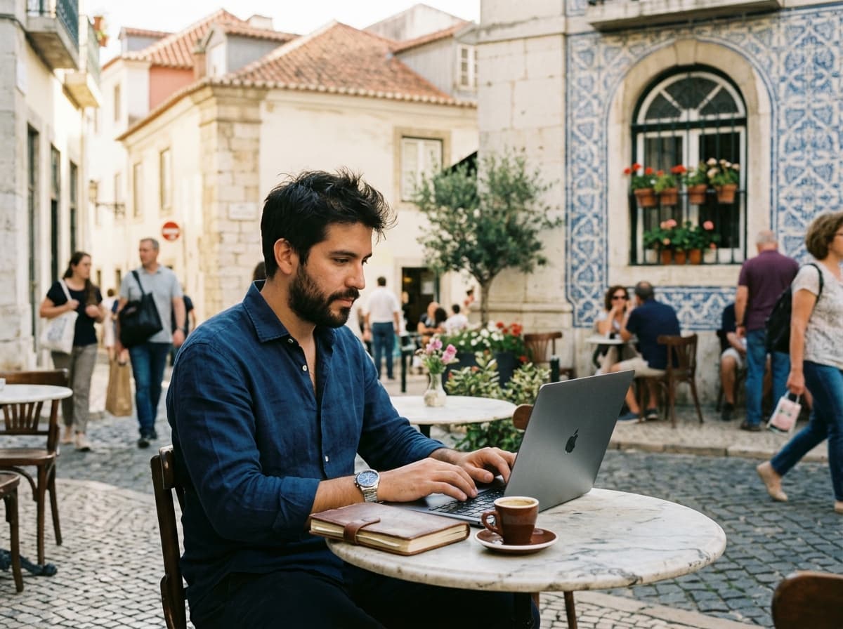 Hombre trabajando con su laptop en un café al aire libre de una ciudad mediterránea