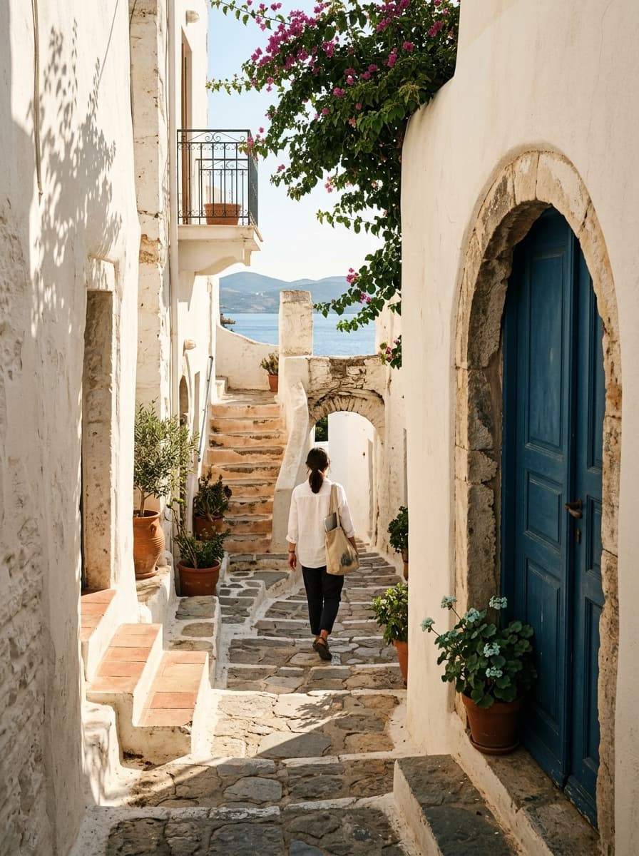 Callejón mediterráneo de paredes blancas con una puerta azul y vista al mar