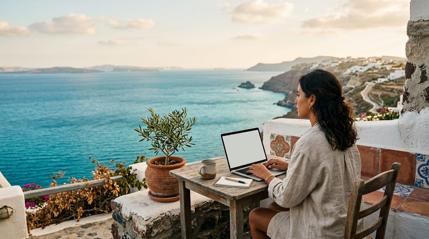 Mujer trabajando con su laptop en una terraza blanca frente al mar Mediterráneo
